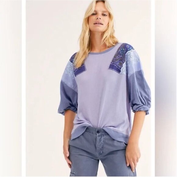 We The Free Tops - We the Free Feelin' It Lavender Blue Patchwork Blouse XL Mixed Media Boho Boxy O